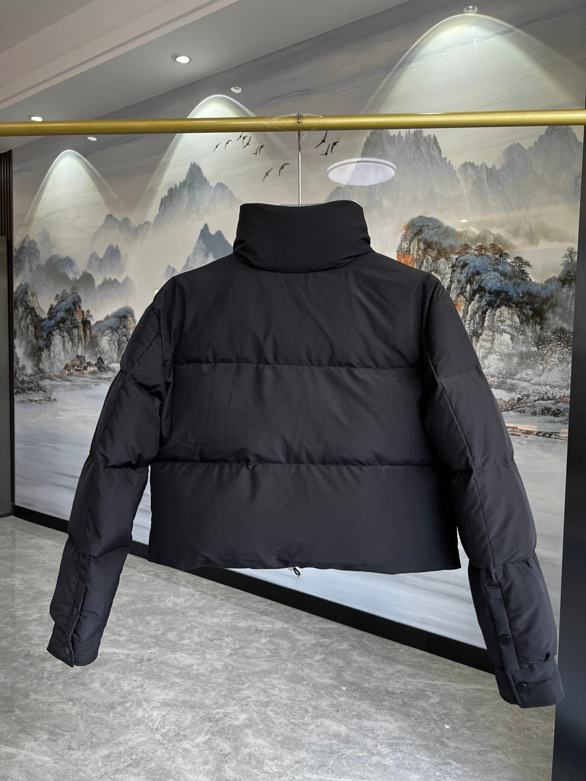 Prada Black Cropped Puffer Jacket with Stand Collar