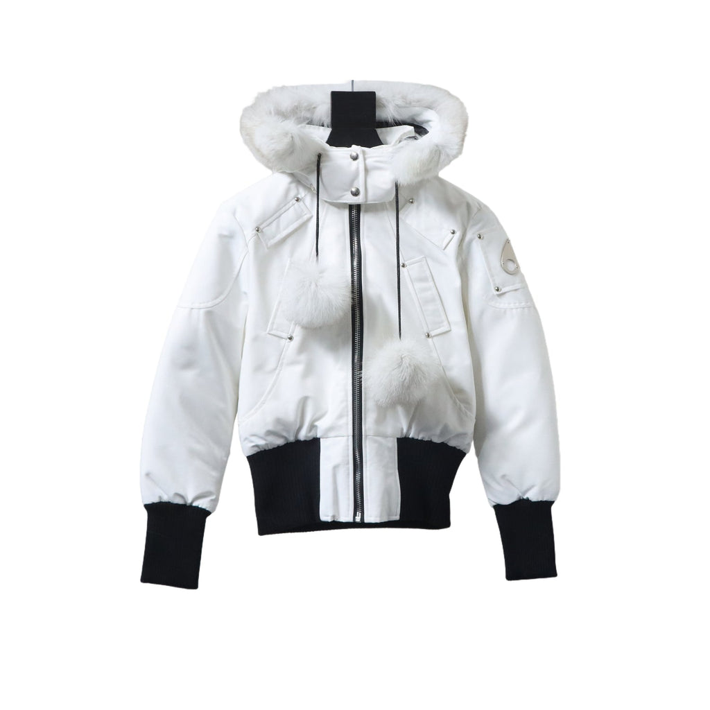 White Hooded Bomber Jacket with Pom-Poms and Black Ribbed Trim
