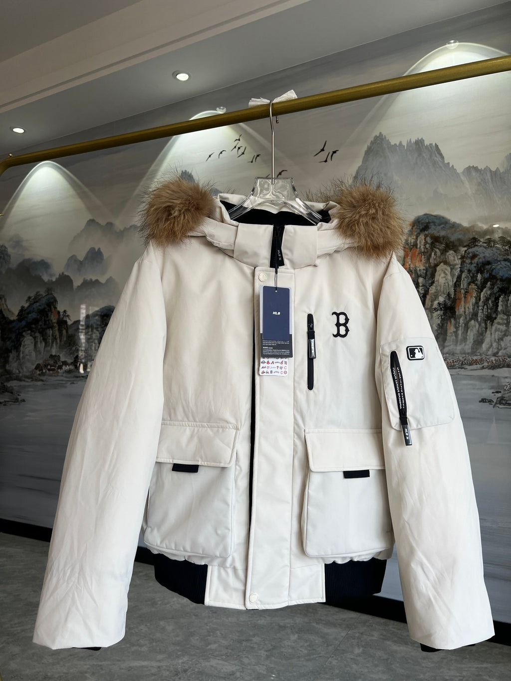 MLB Boston Red Sox Ivory Hooded Bomber Jacket with Plush Trim