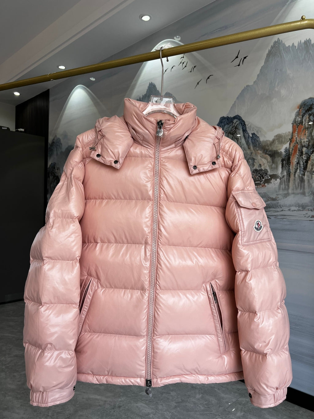 Moncler Blush Pink Glossy Hooded Puffer Jacket