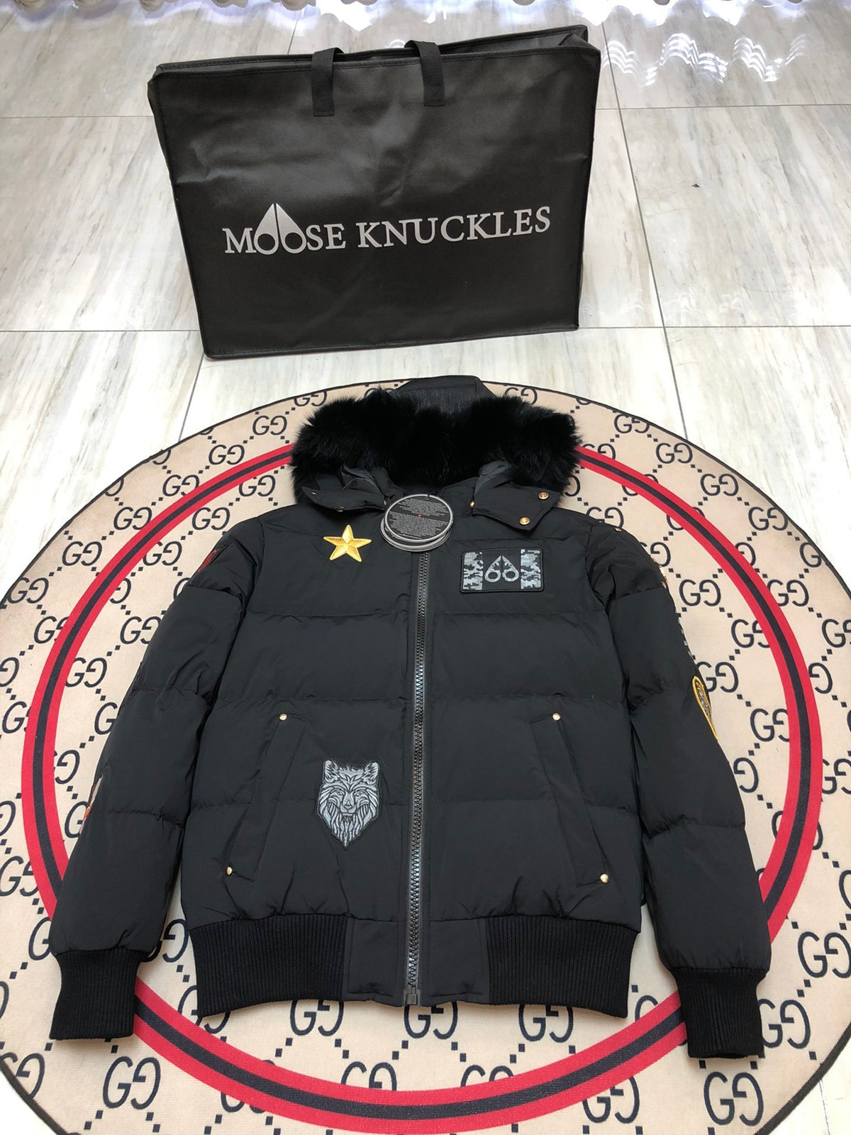 Moose Knuckles Graphic Hooded Puffer Jacket with Textured Trim