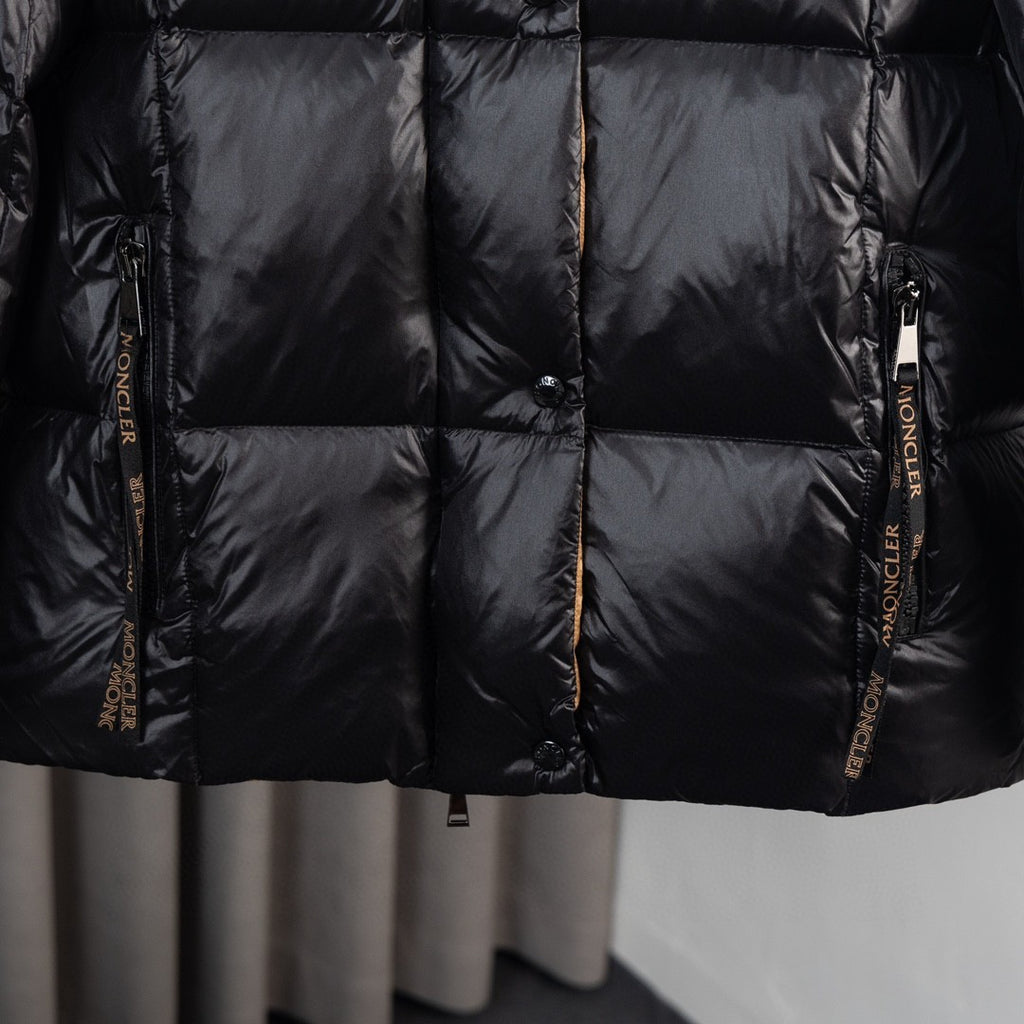 Moncler Black Glossy Puffer Jacket with Gold Contrast Details