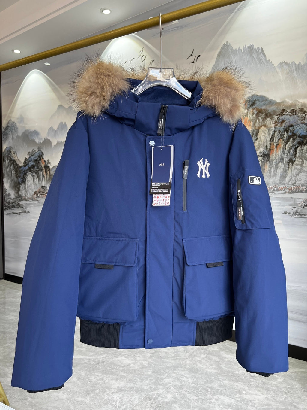 MLB New York Yankees Blue Hooded Bomber Jacket with Plush Trim