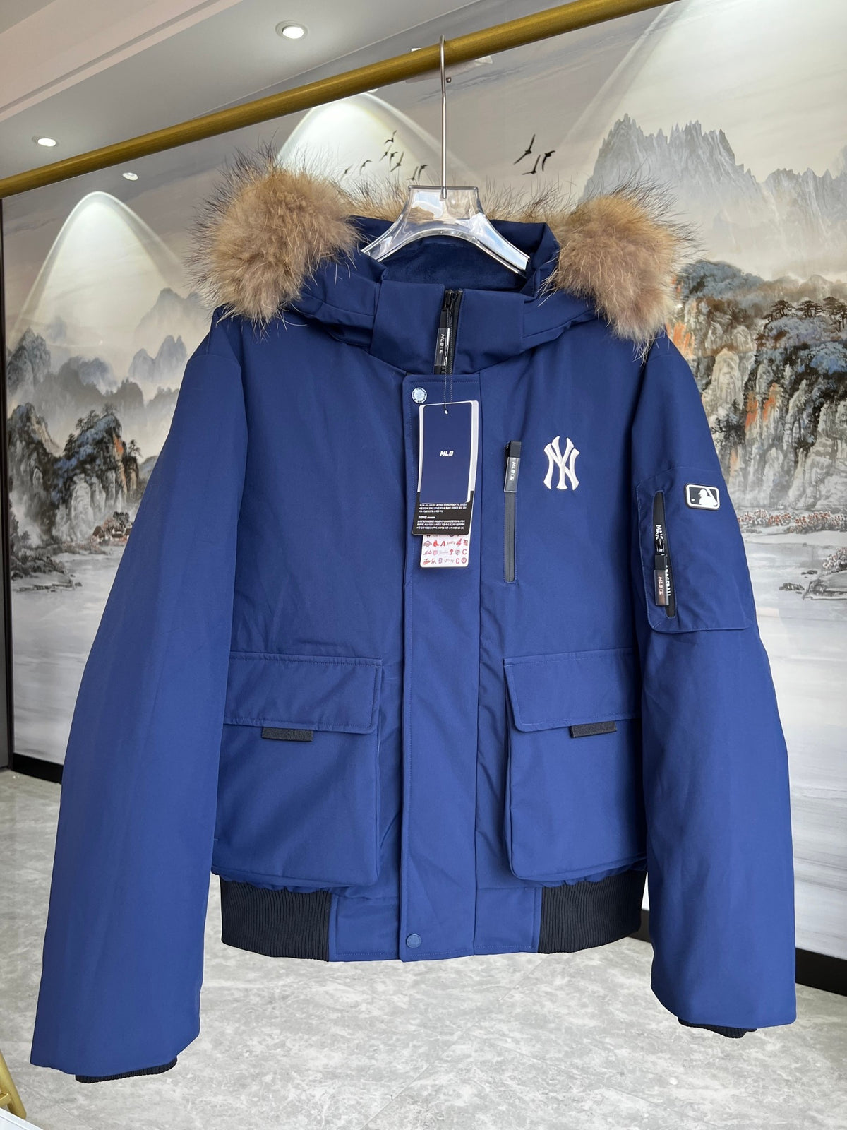 MLB New York Yankees Blue Hooded Bomber Jacket with Plush Trim