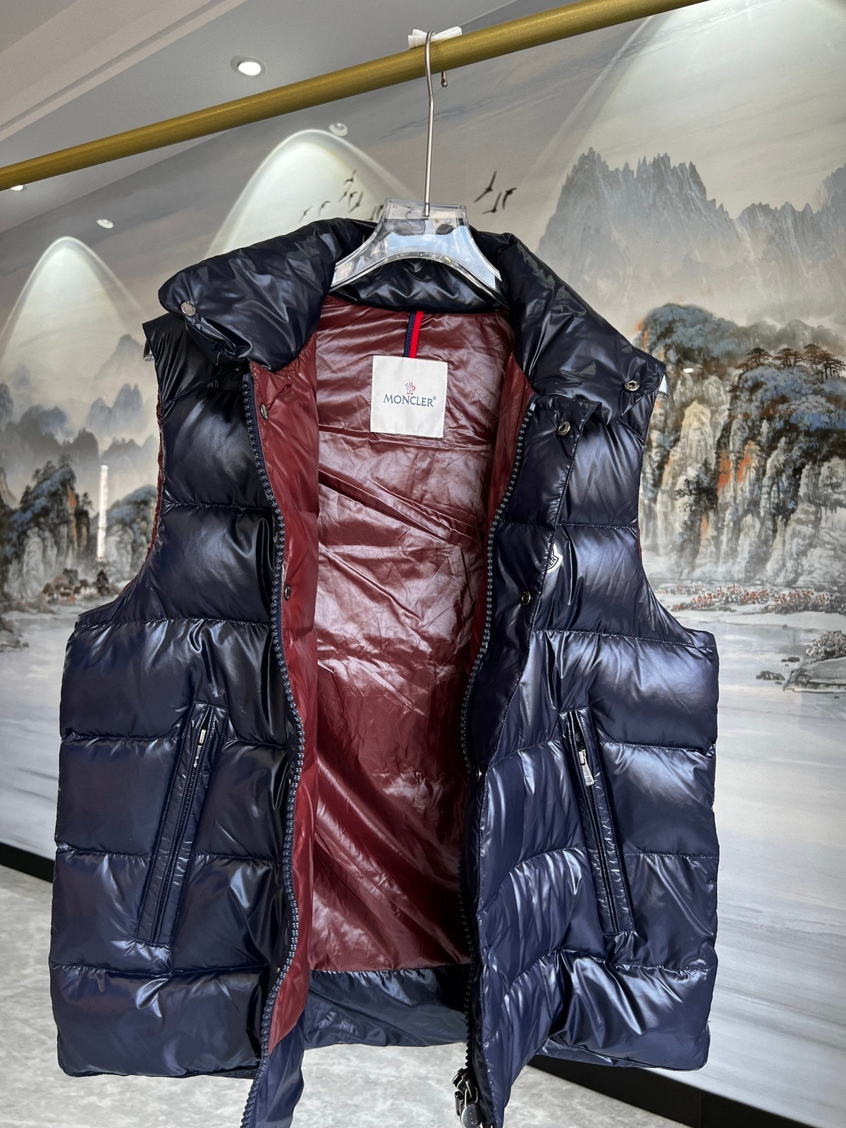 Moncler Puffer Vest in Navy Blue with Glossy Finish
