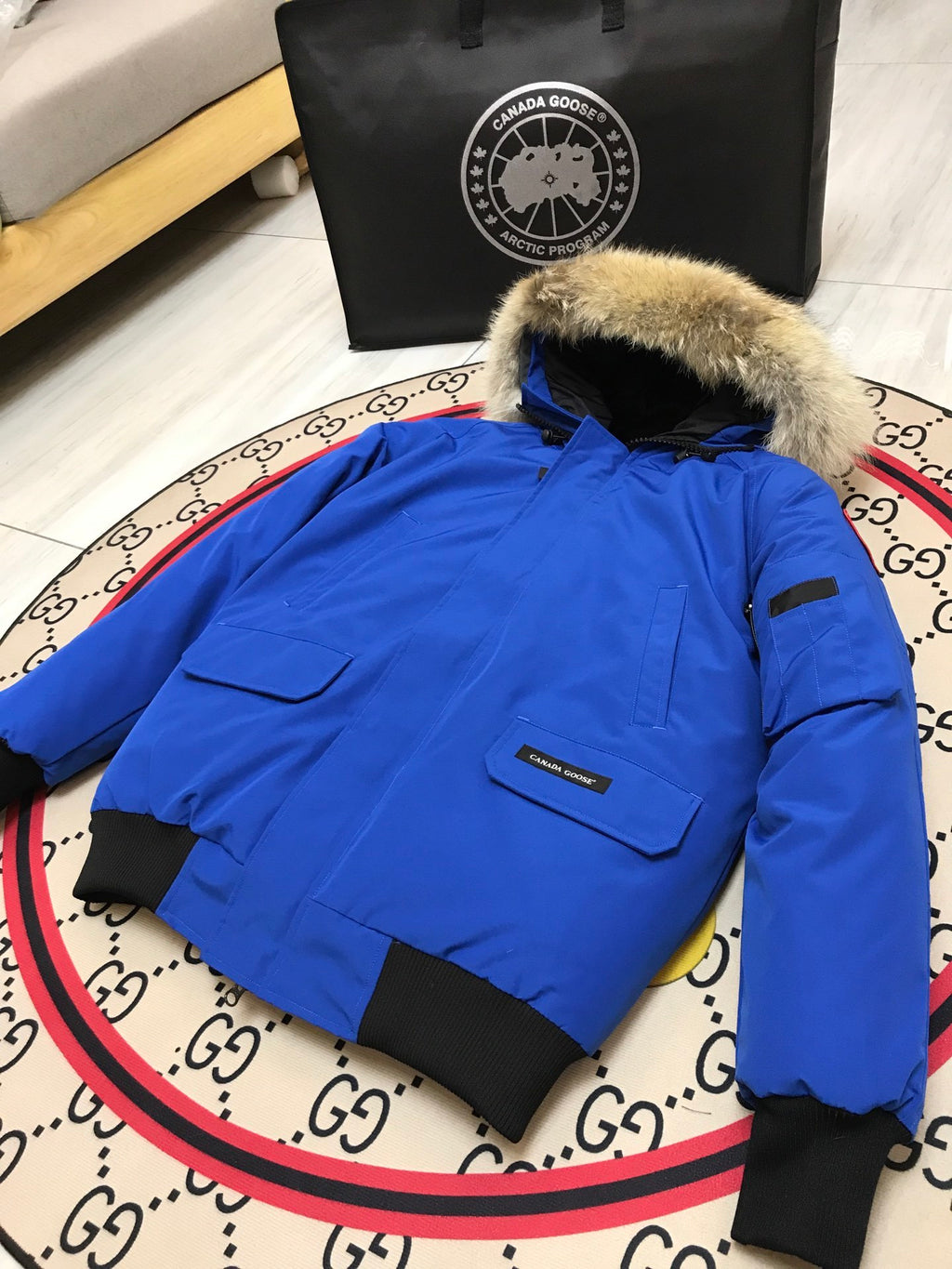 Canada Goose Blue Hooded Bomber Jacket with Textured Trim