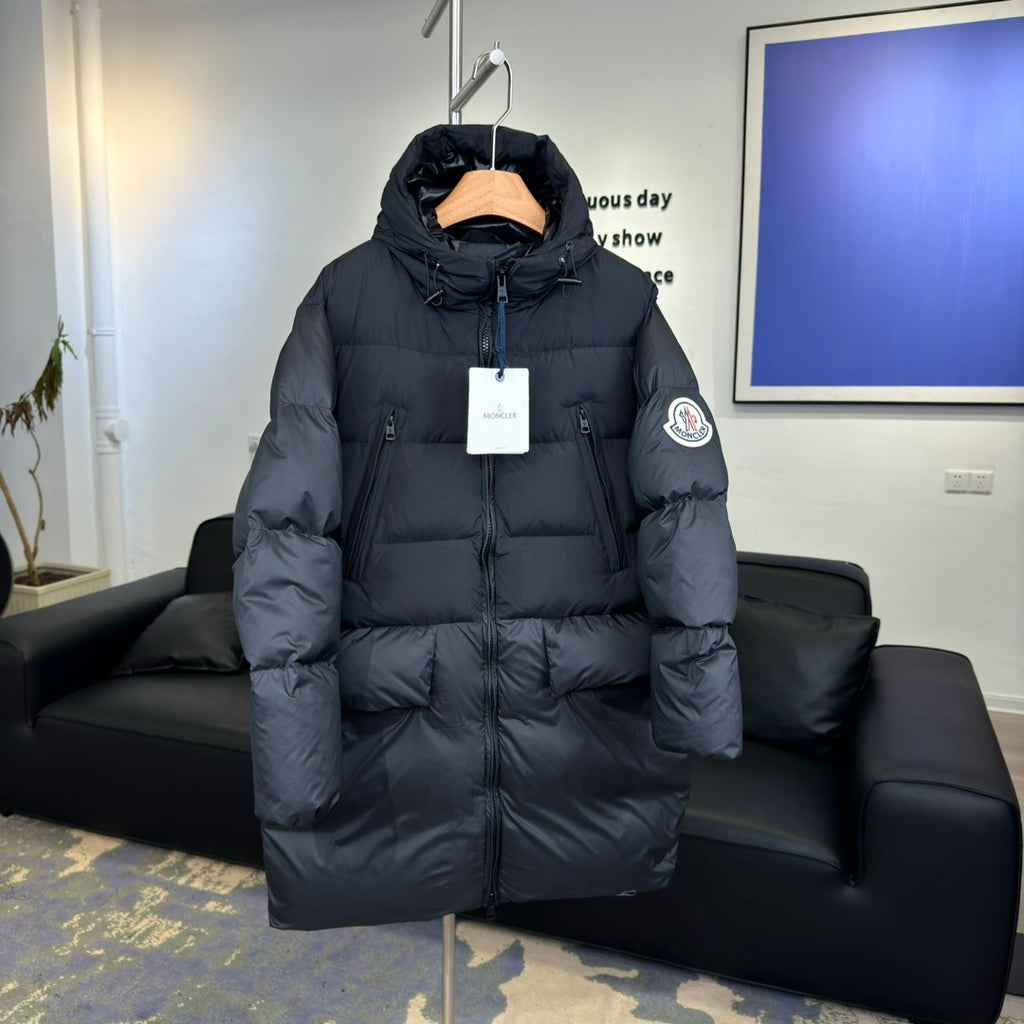 Moncler Dark Navy Long Hooded Puffer Coat