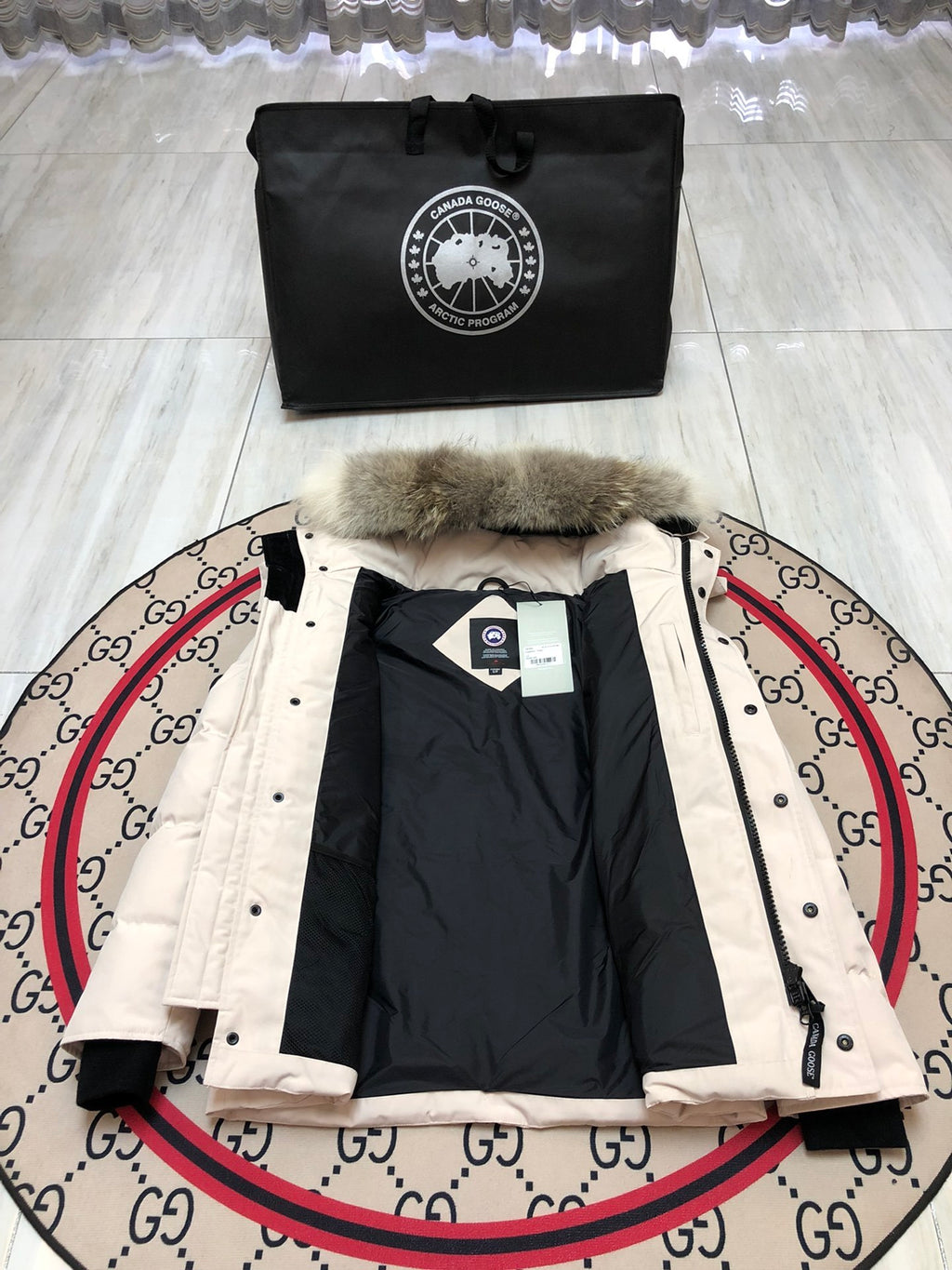 Canada Goose Cream Hooded Puffer Jacket with Textured Trim