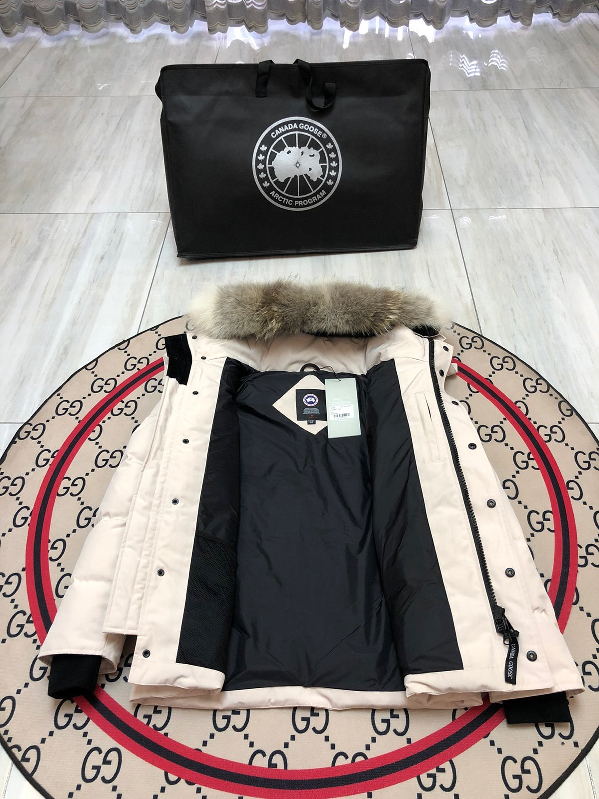 Canada Goose Cream Hooded Puffer Jacket with Textured Trim