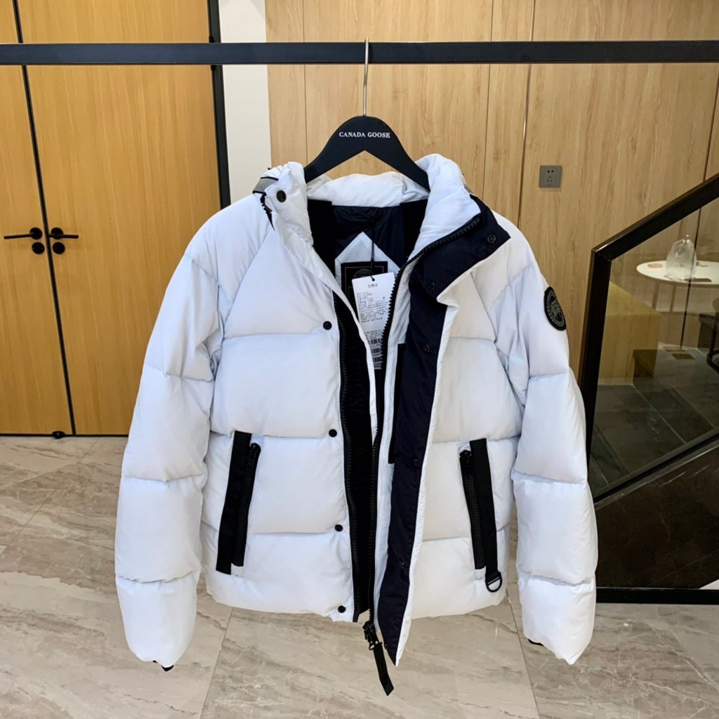 Canada Goose White Hooded Quilted Puffer Jacket with Black Trim