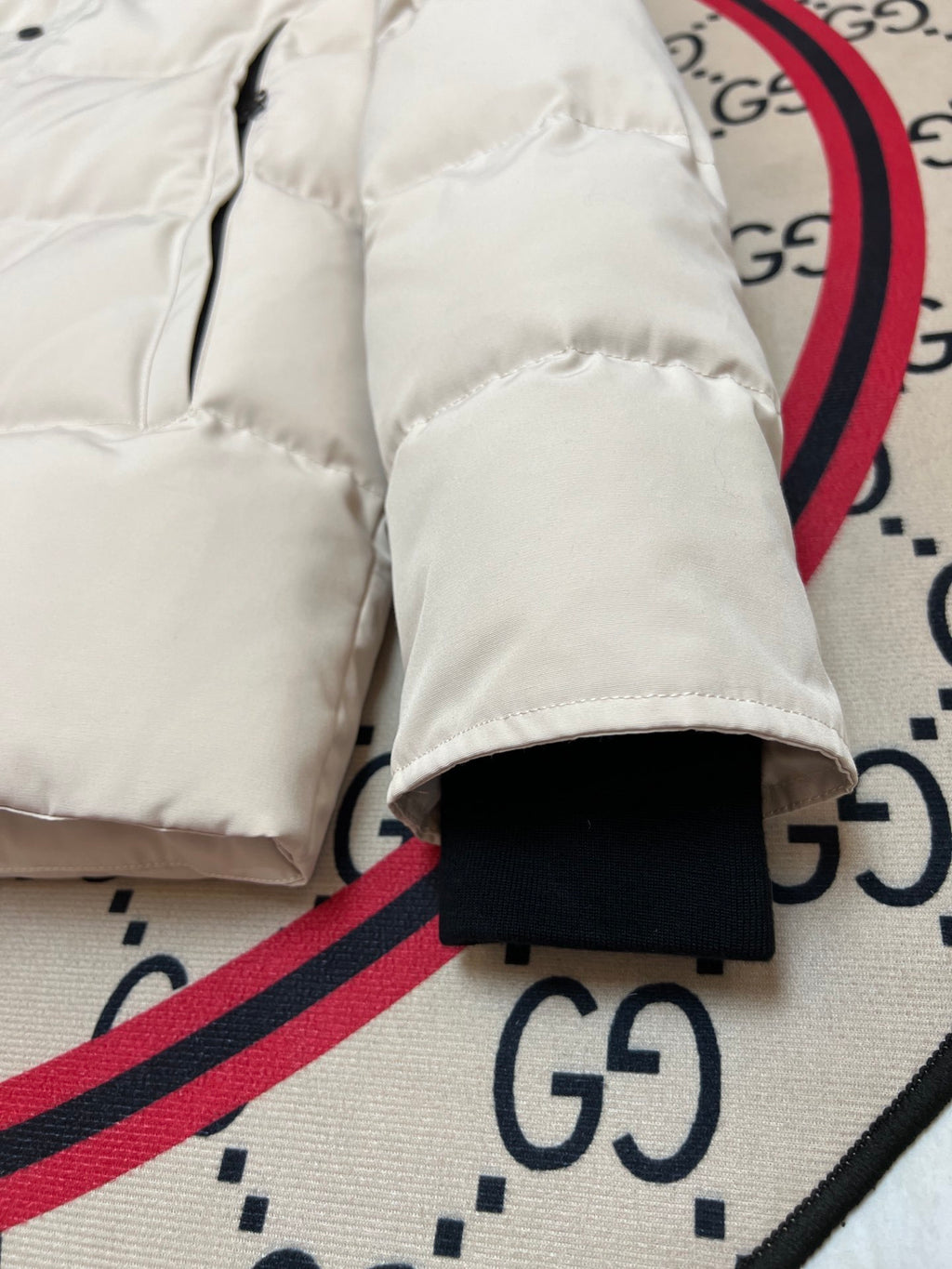 Canada Goose Cream Hooded Puffer Jacket with Textured Trim