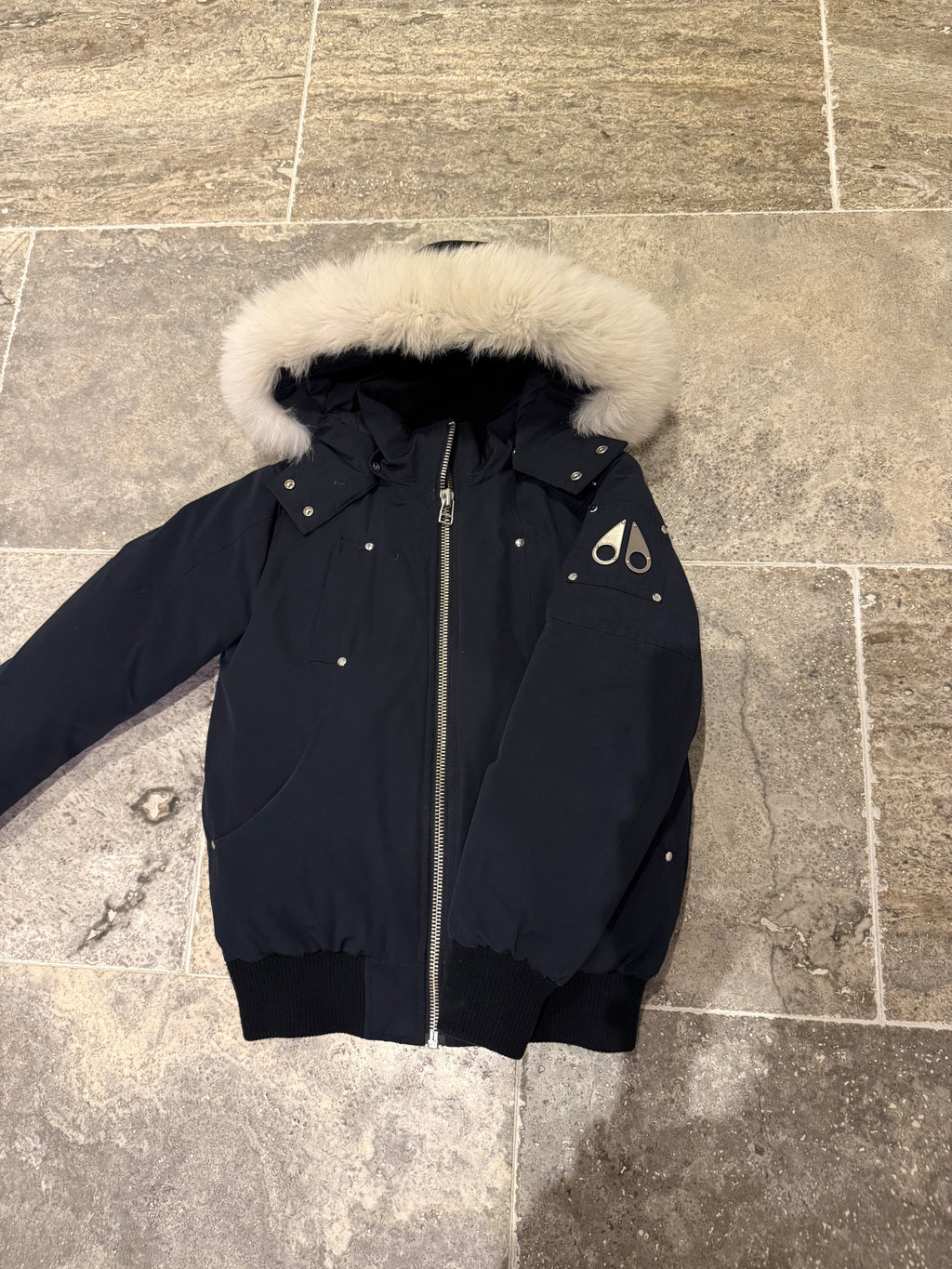 Moose Knuckles Navy Hooded Bomber Jacket with Light Textured Trim