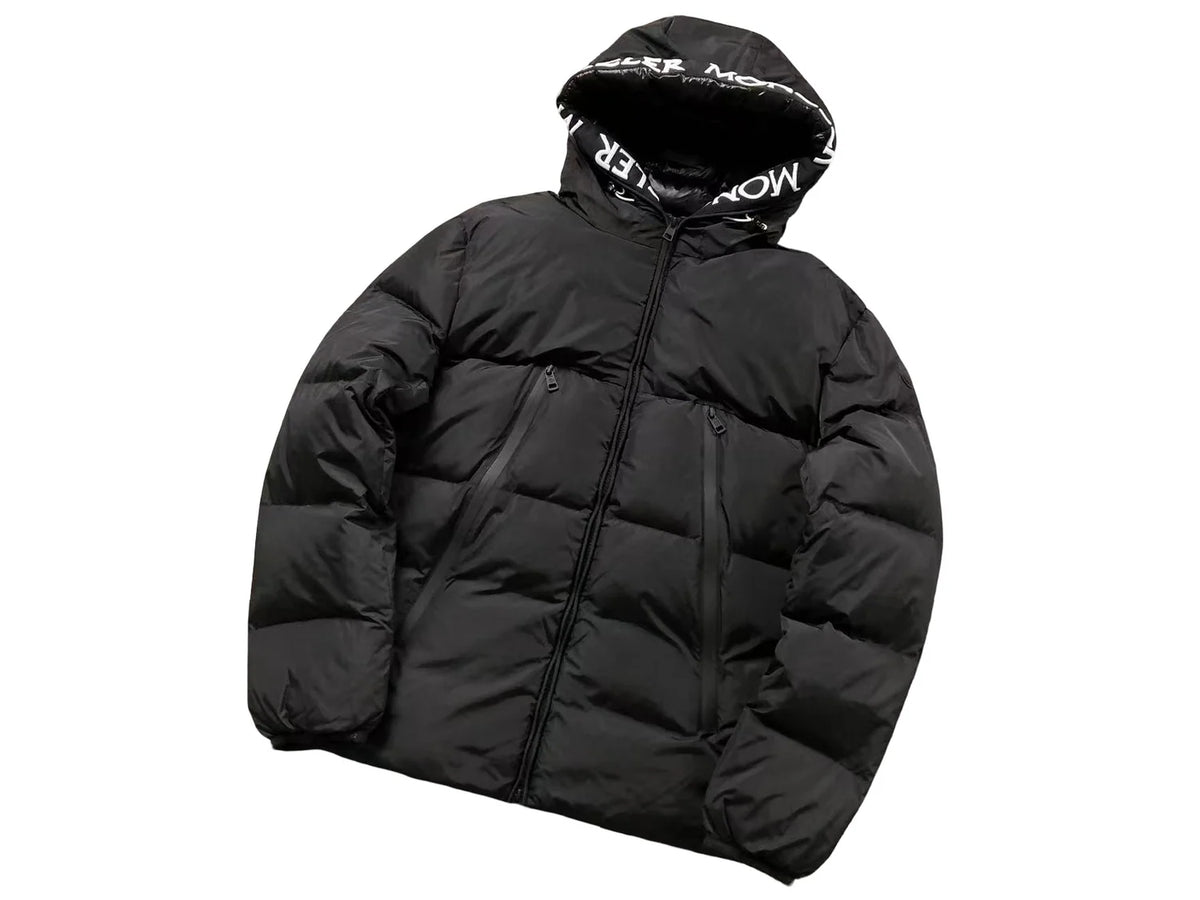 Moncler Black Hooded Puffer Jacket with Logo-Lettered Hood