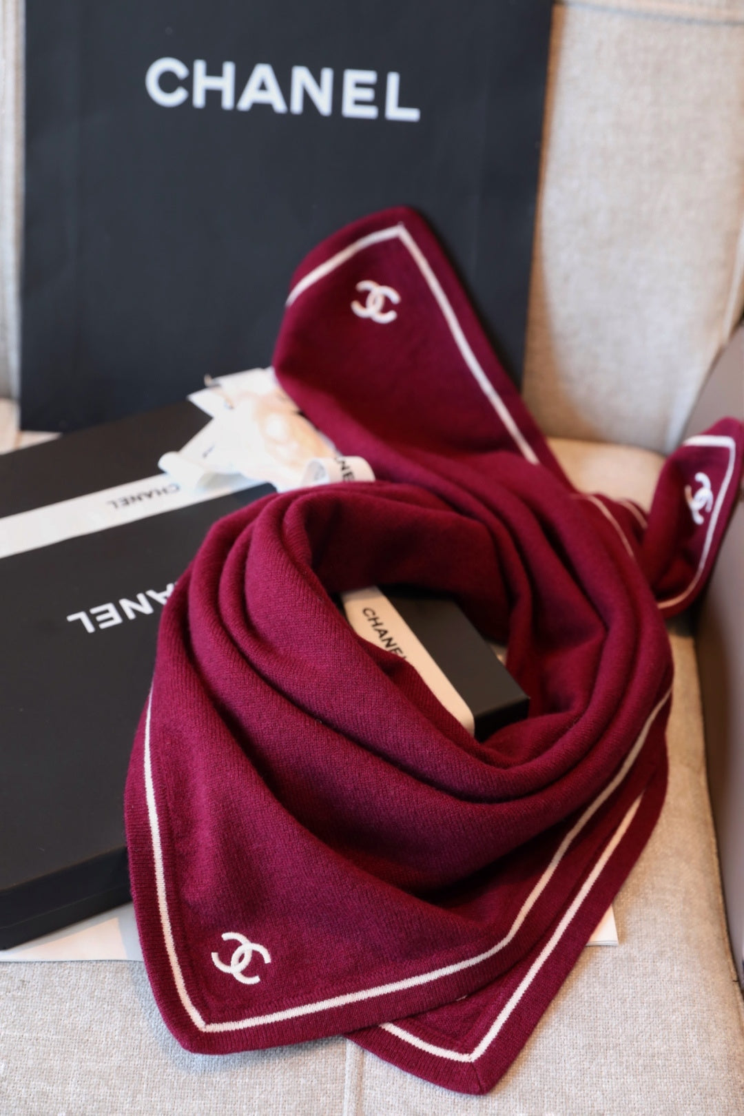 Chanel Style Contrast-Border Logo Scarf