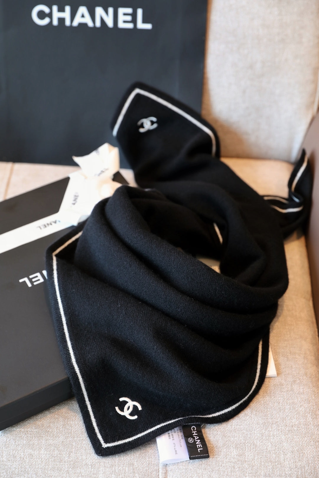 Chanel Style Contrast-Border Logo Scarf