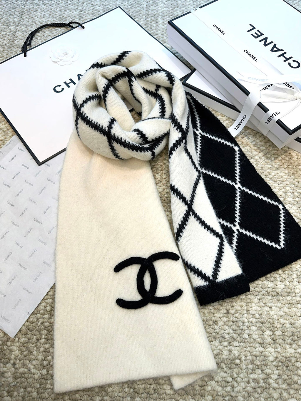 Chanel Style Reversible Diamond Logo Scarf