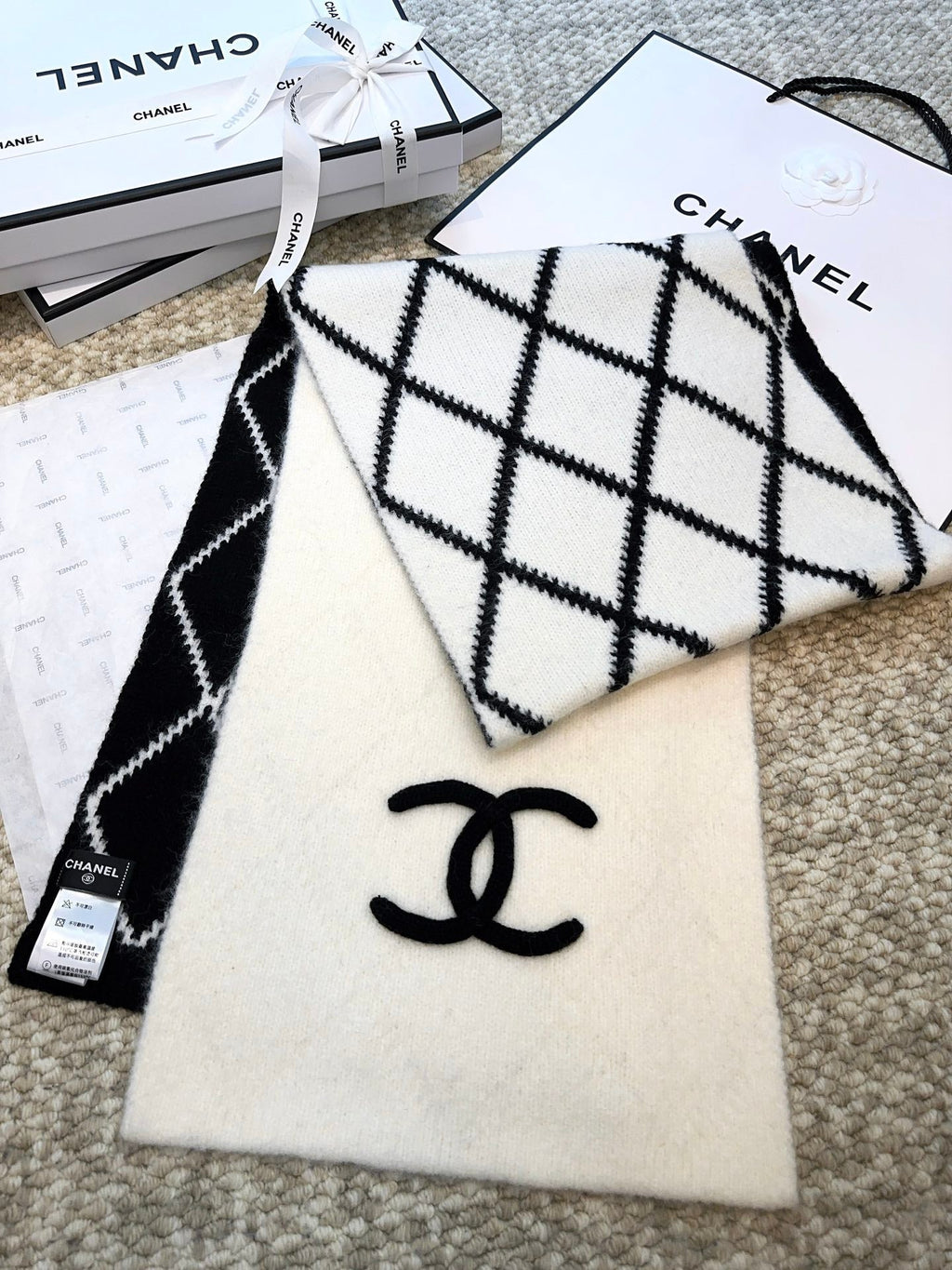 Chanel Style Reversible Diamond Logo Scarf