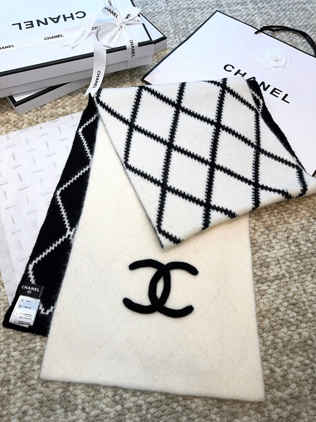 Chanel Style Reversible Diamond Logo Scarf