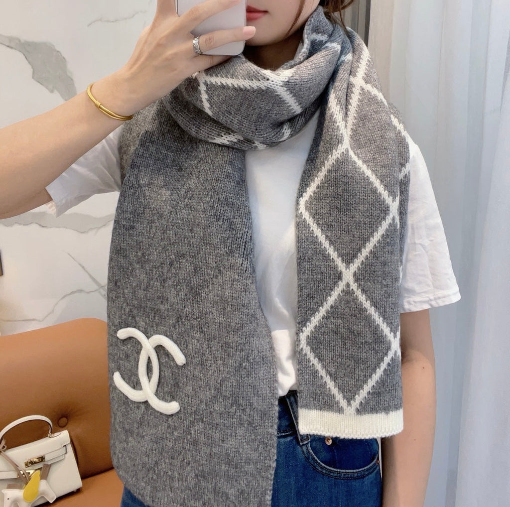 Chanel Style Reversible Diamond Logo Scarf