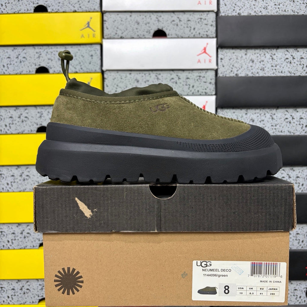UGG Neumeel Deco Slip-On – Suede Moccasin Sneaker with Black Lug Sole & Tonal Drawstring in Olive