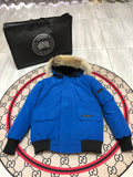 Canada Goose Blue Hooded Bomber Jacket with Textured Trim
