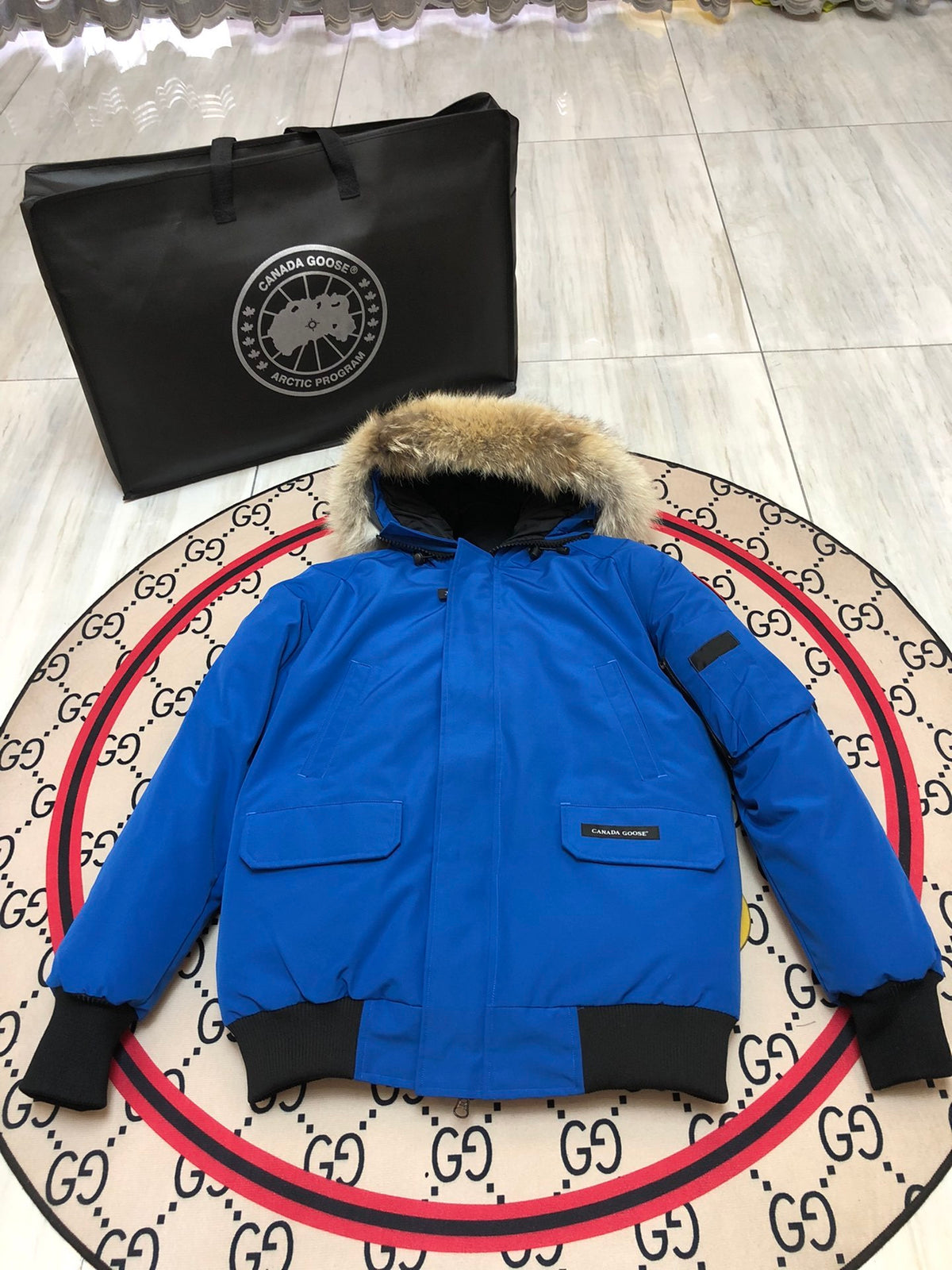 Canada Goose Blue Hooded Bomber Jacket with Textured Trim