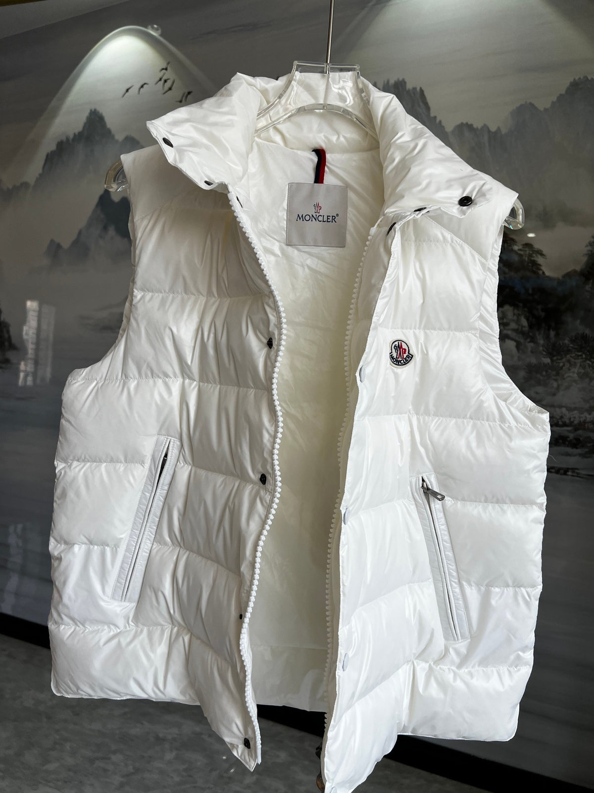 Moncler White Quilted Puffer Vest with Stand Collar