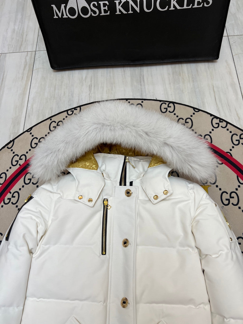 Moose Knuckles White Hooded Puffer Jacket with Gold-Tone Details