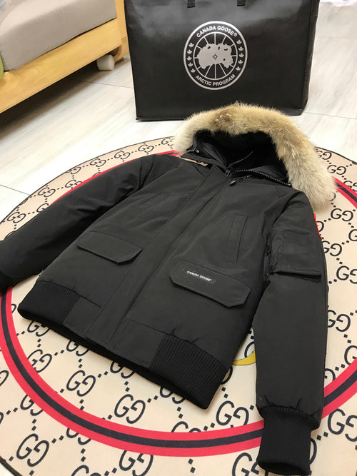 Canada Goose Black Hooded Bomber Jacket with Textured Trim