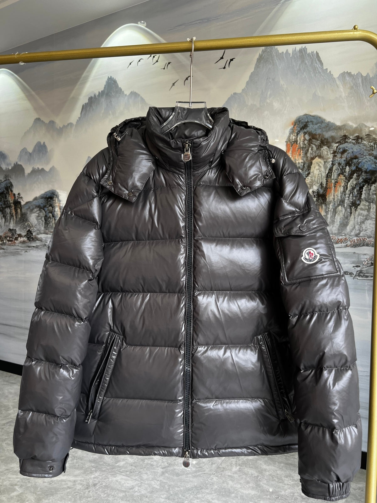 Moncler Charcoal Grey Glossy Hooded Puffer Jacket