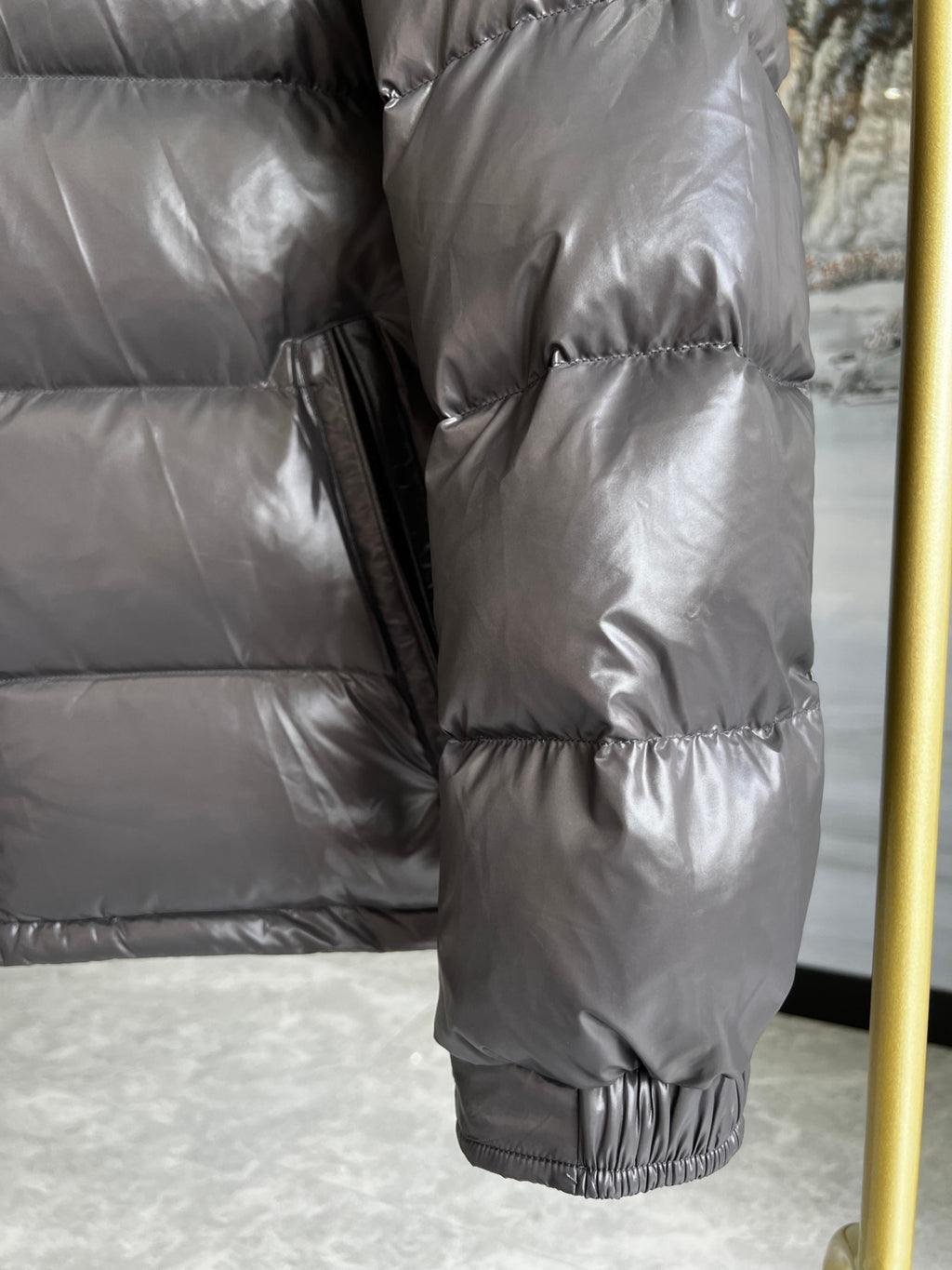 Moncler Charcoal Grey Glossy Hooded Puffer Jacket