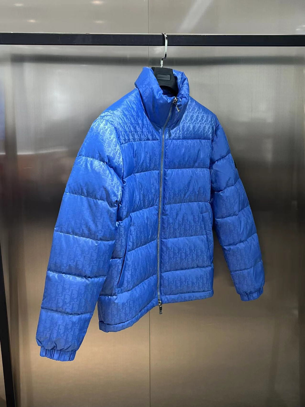 Dior Blue Monogram Puffer Jacket with Stand Collar