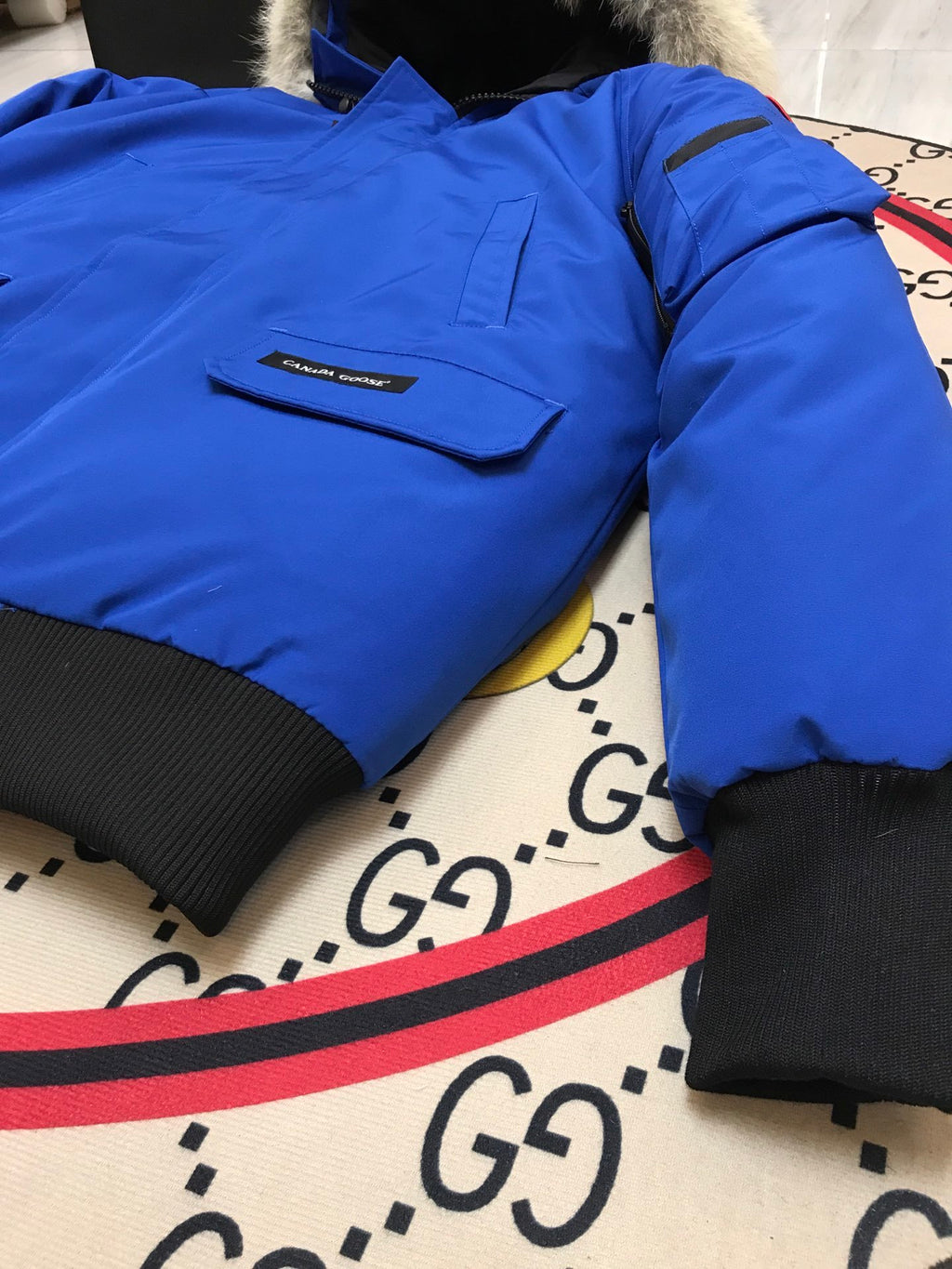 Canada Goose Blue Hooded Bomber Jacket with Textured Trim