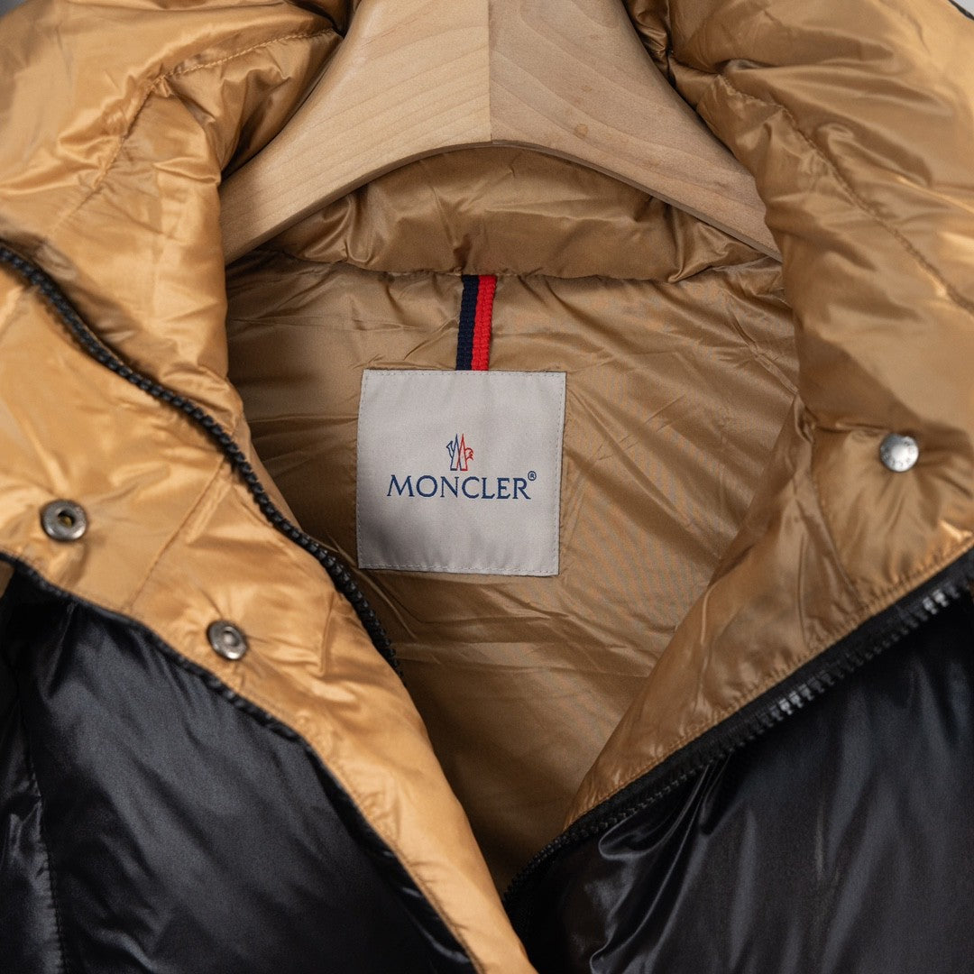 Moncler Black Glossy Puffer Jacket with Gold Contrast Details