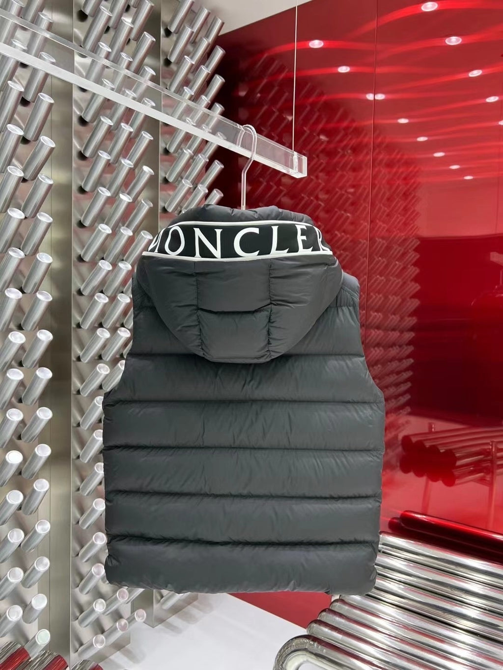 Moncler Charcoal Hooded Puffer Vest with Logo Trim