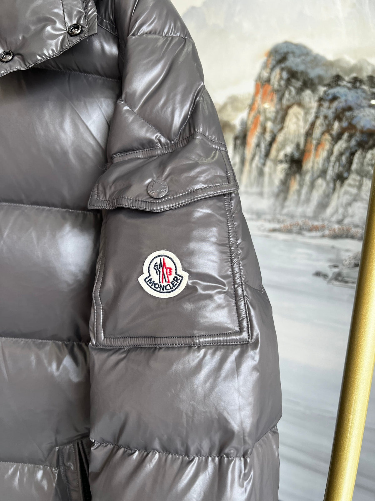 Moncler Charcoal Grey Glossy Hooded Puffer Jacket