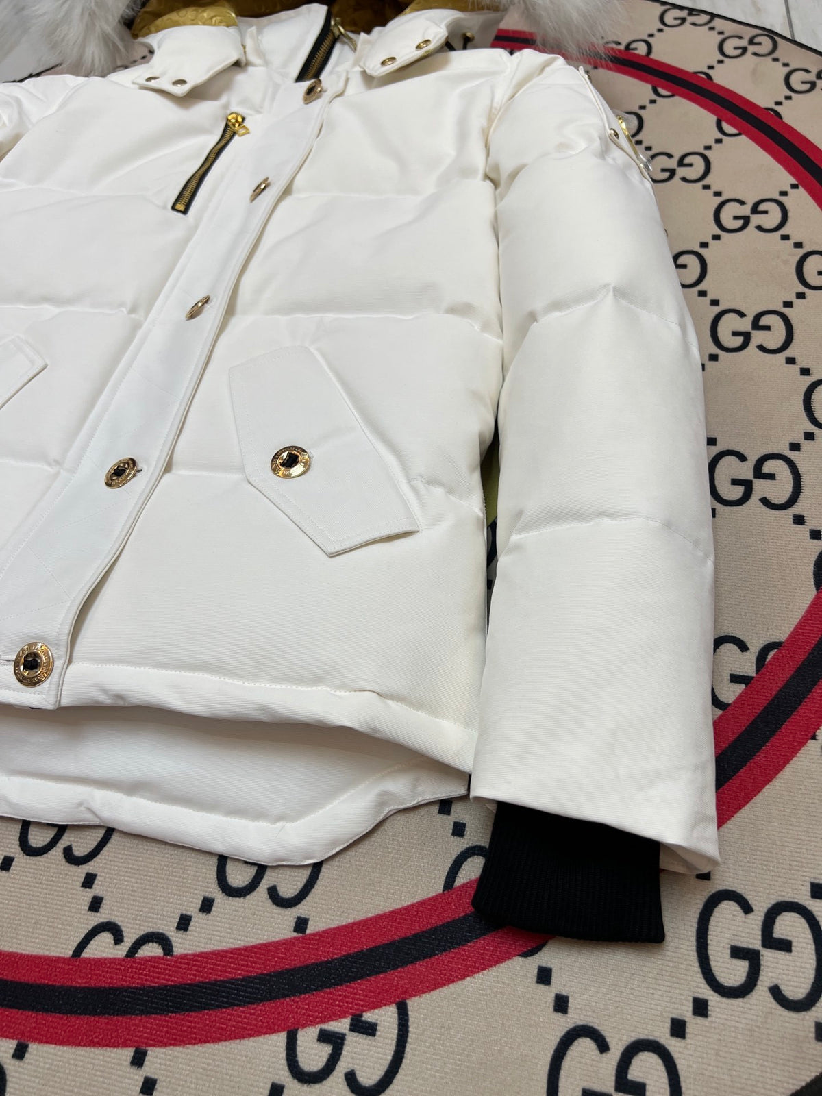 Moose Knuckles White Hooded Puffer Jacket with Gold-Tone Details