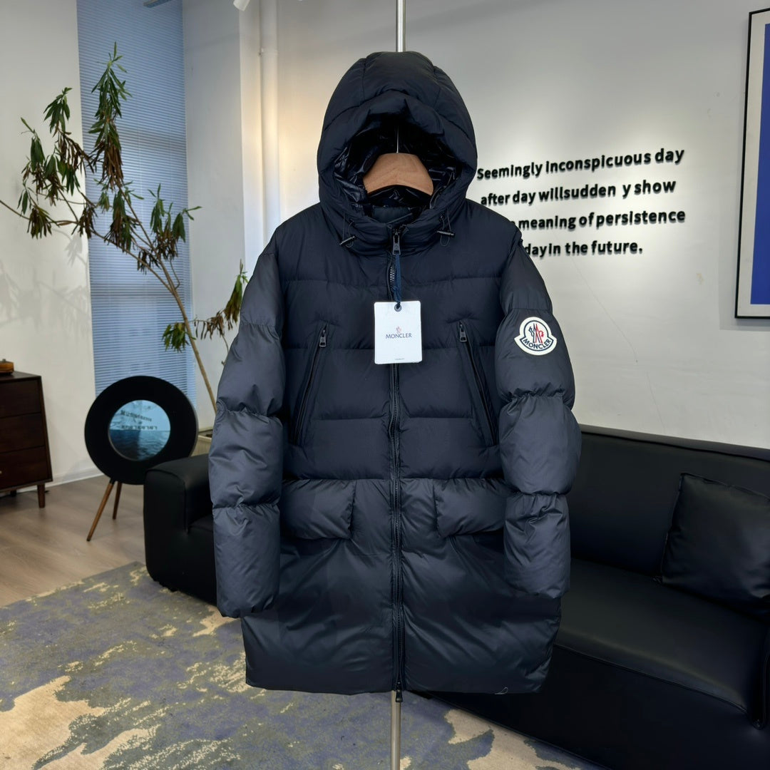 Moncler Dark Navy Long Hooded Puffer Coat