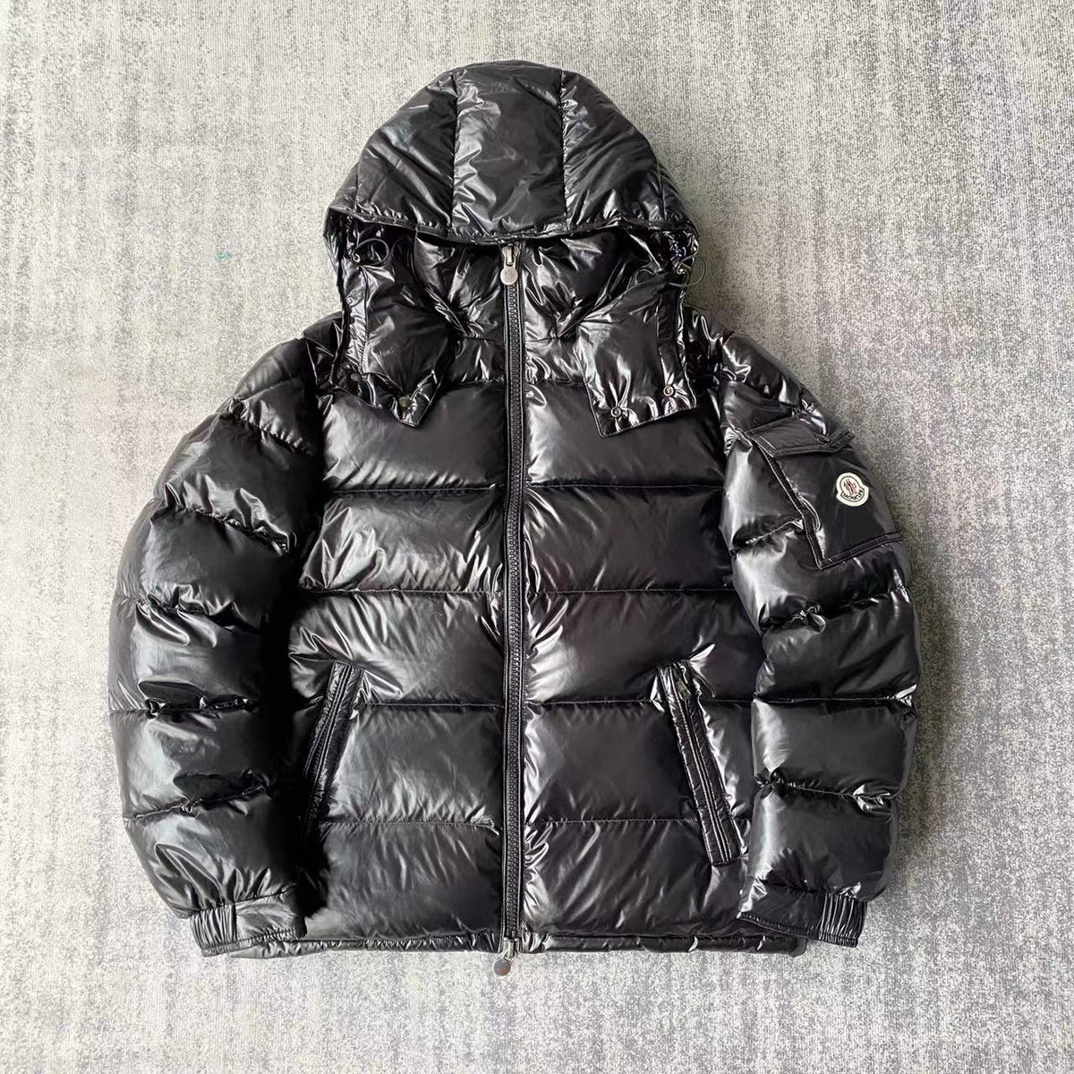 Moncler Black Glossy Hooded Puffer Jacket with Sleeve Pocket