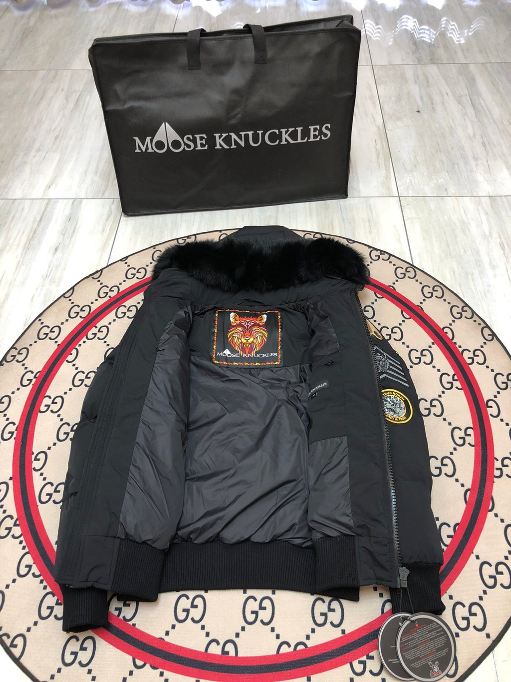 Moose Knuckles Graphic Hooded Puffer Jacket with Textured Trim
