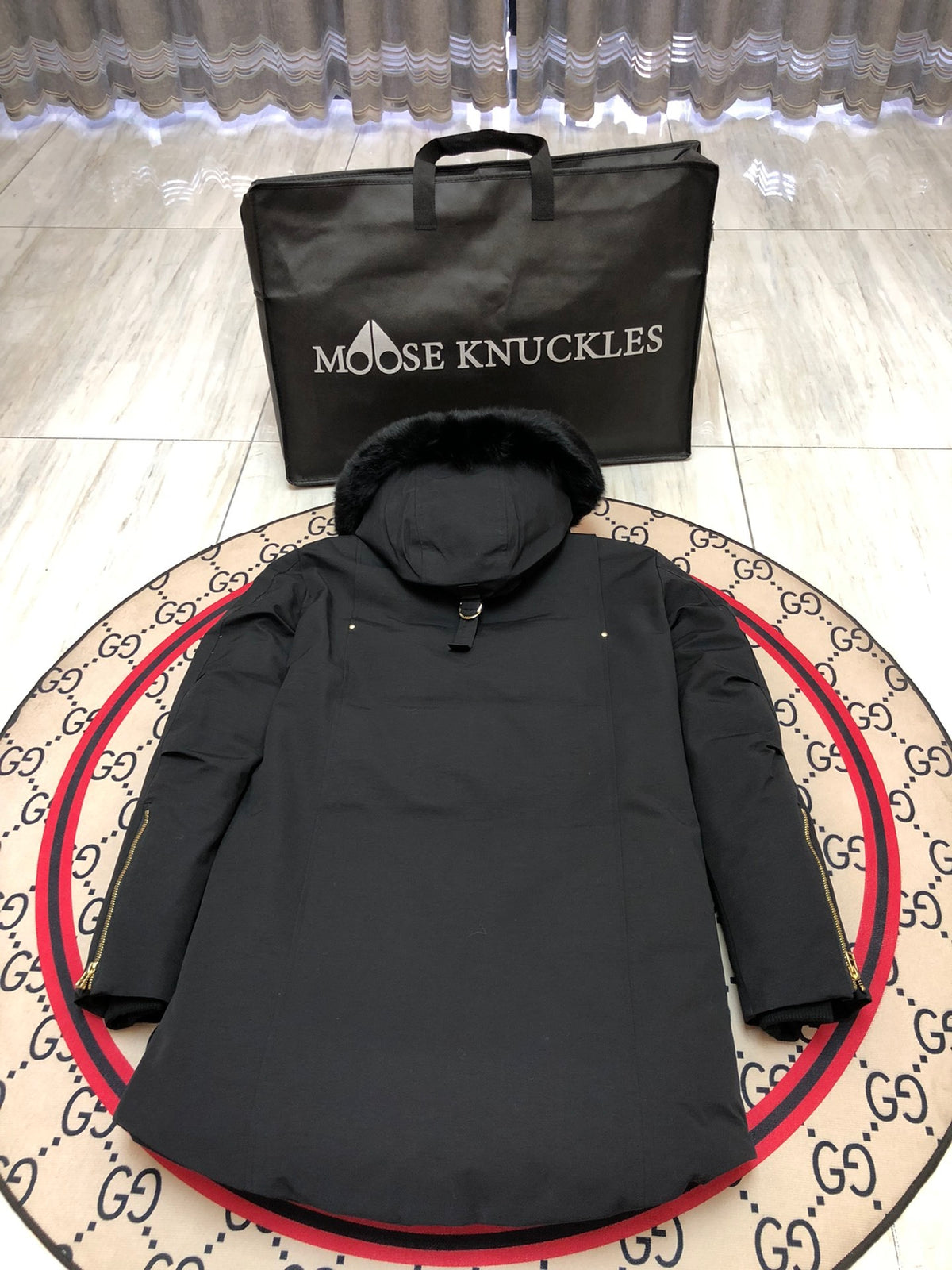 Moose Knuckles Black Long Hooded Parka with Gold-Tone Details