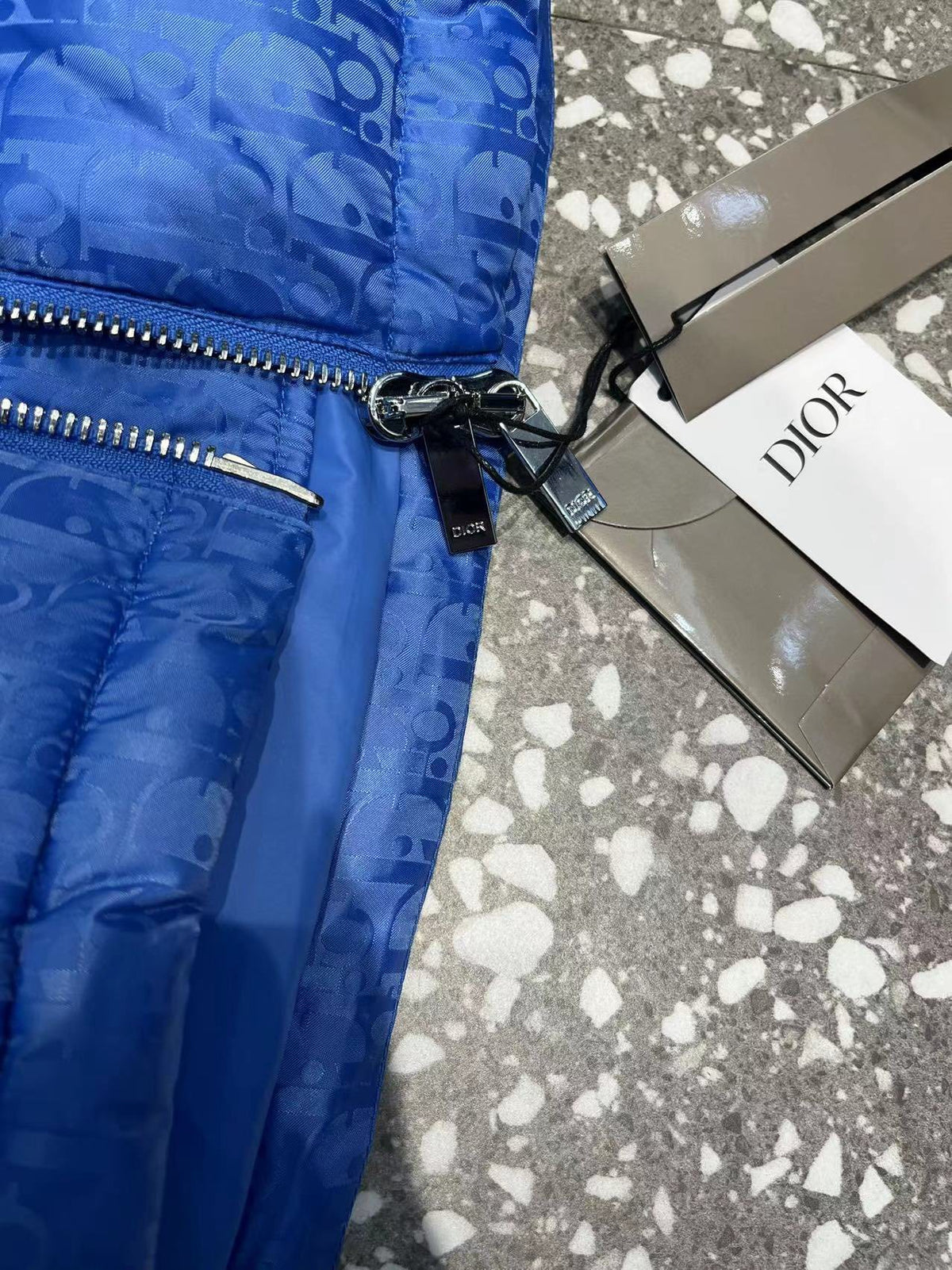 Dior Blue Monogram Puffer Jacket with Stand Collar