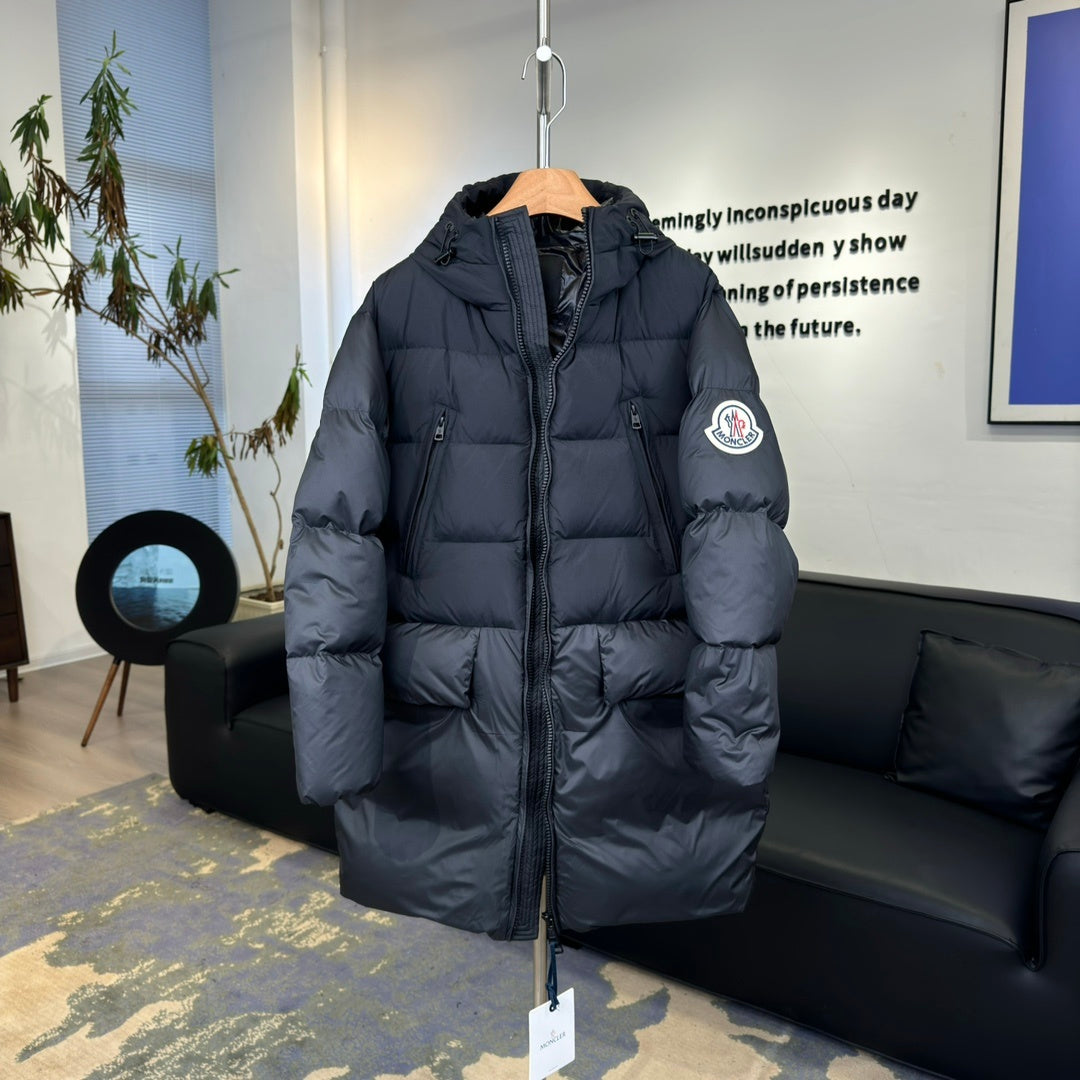 Moncler Dark Navy Long Hooded Puffer Coat