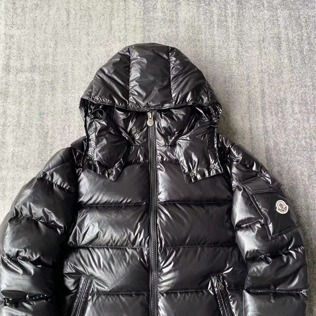 Moncler Black Glossy Hooded Puffer Jacket with Sleeve Pocket