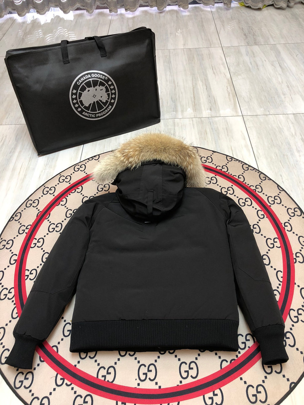 Canada Goose Black Hooded Bomber Jacket with Textured Trim