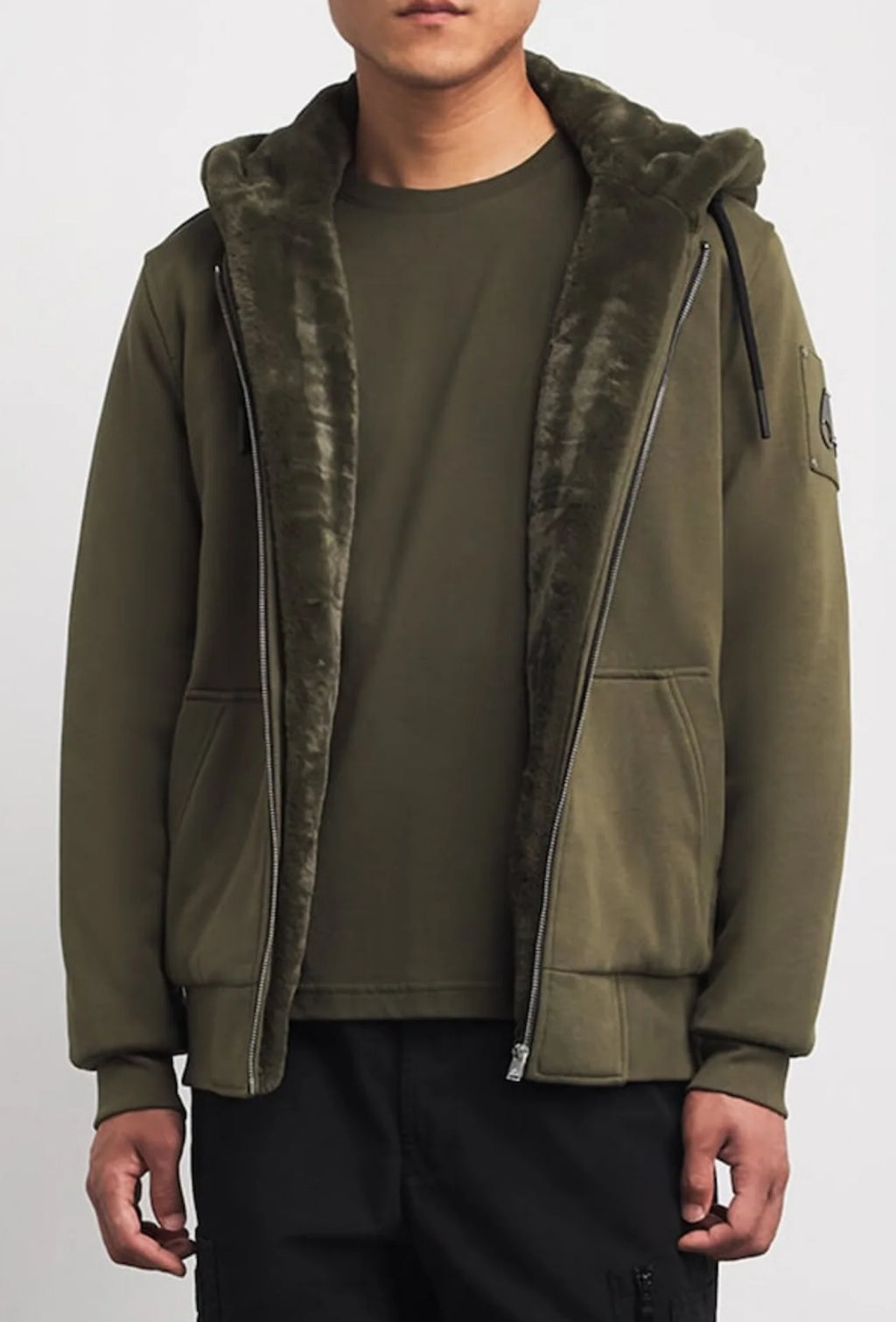 Moose Knuckles Olive Green Zip-Up Hoodie with Plush Lining