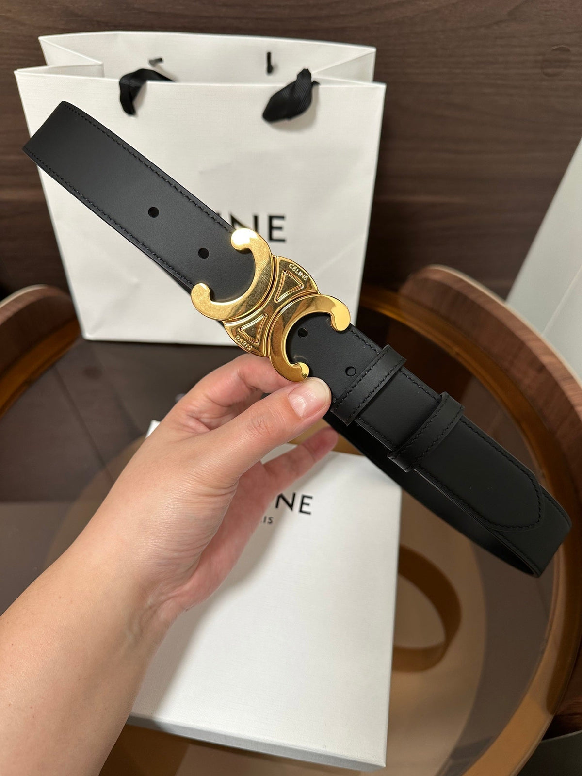 CELINE TRIOMPHE BELT 30MM IN BLACK CALFSKIN WITH GOLD BUCKLE