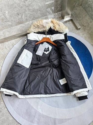 Canada Goose White Hooded Puffer Jacket with Textured Trim