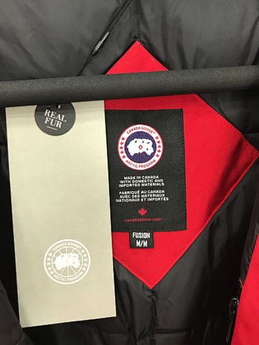 Canada Goose Red Long Hooded Parka with Textured Trim
