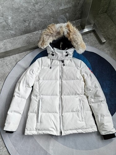 Canada Goose White Hooded Puffer Jacket with Textured Trim